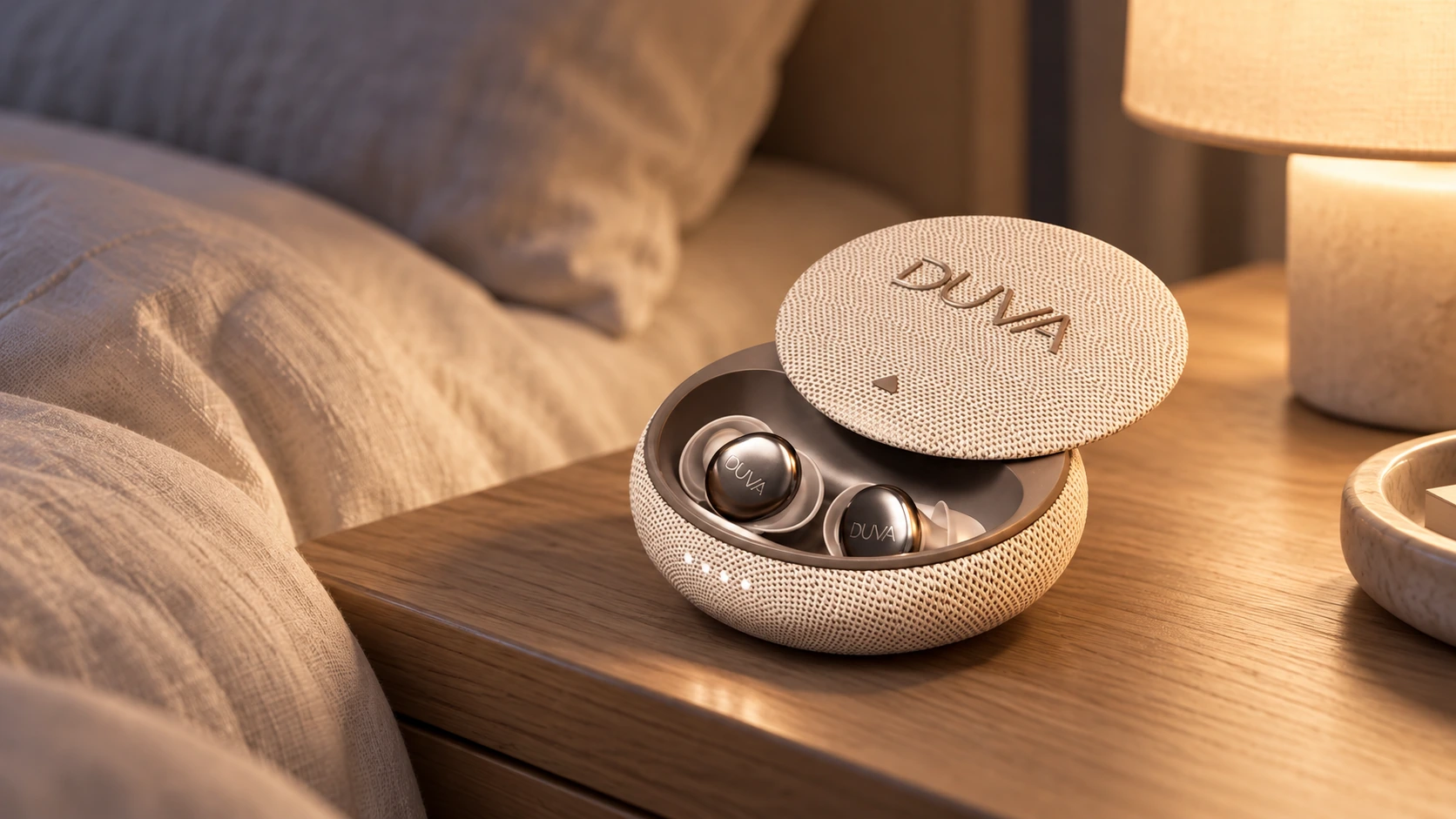 DUVA-branded earbuds in an open charging case on a bedside table.