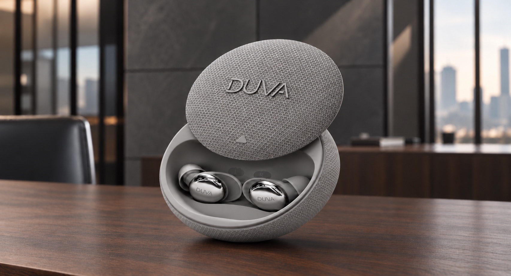DUVA ONE earbuds in their open smart sensing case