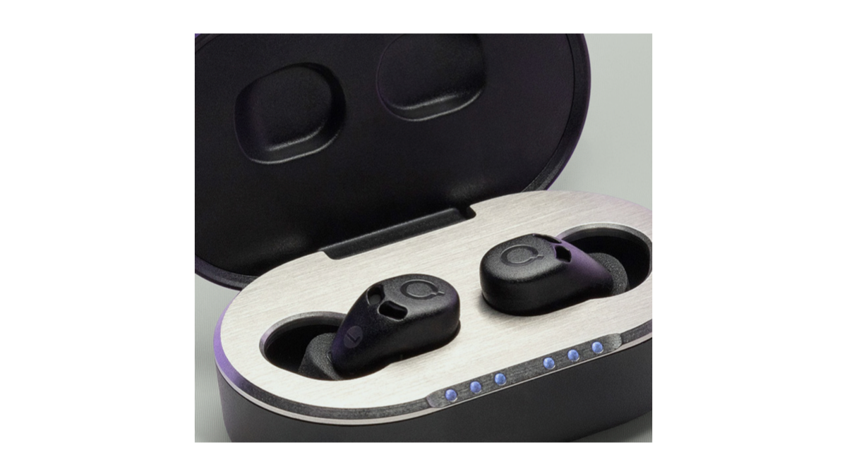QuietOn 4 earbuds inside their open charging case