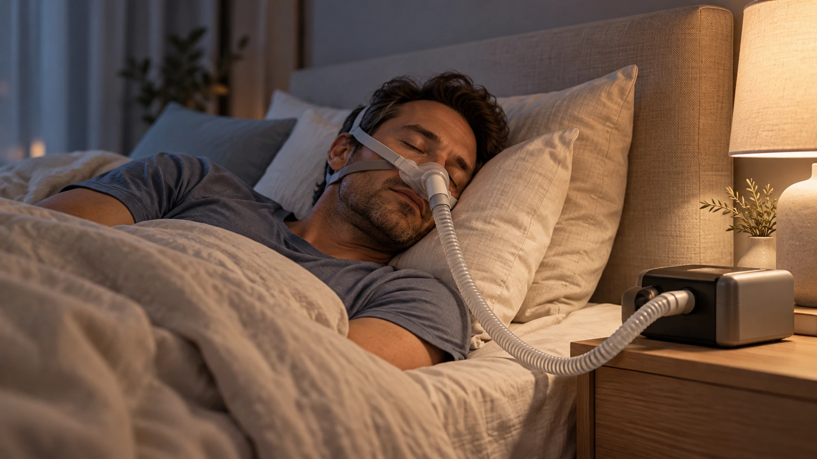 A man sleeping on his side while wearing a CPAP mask connected to a bedside machine.