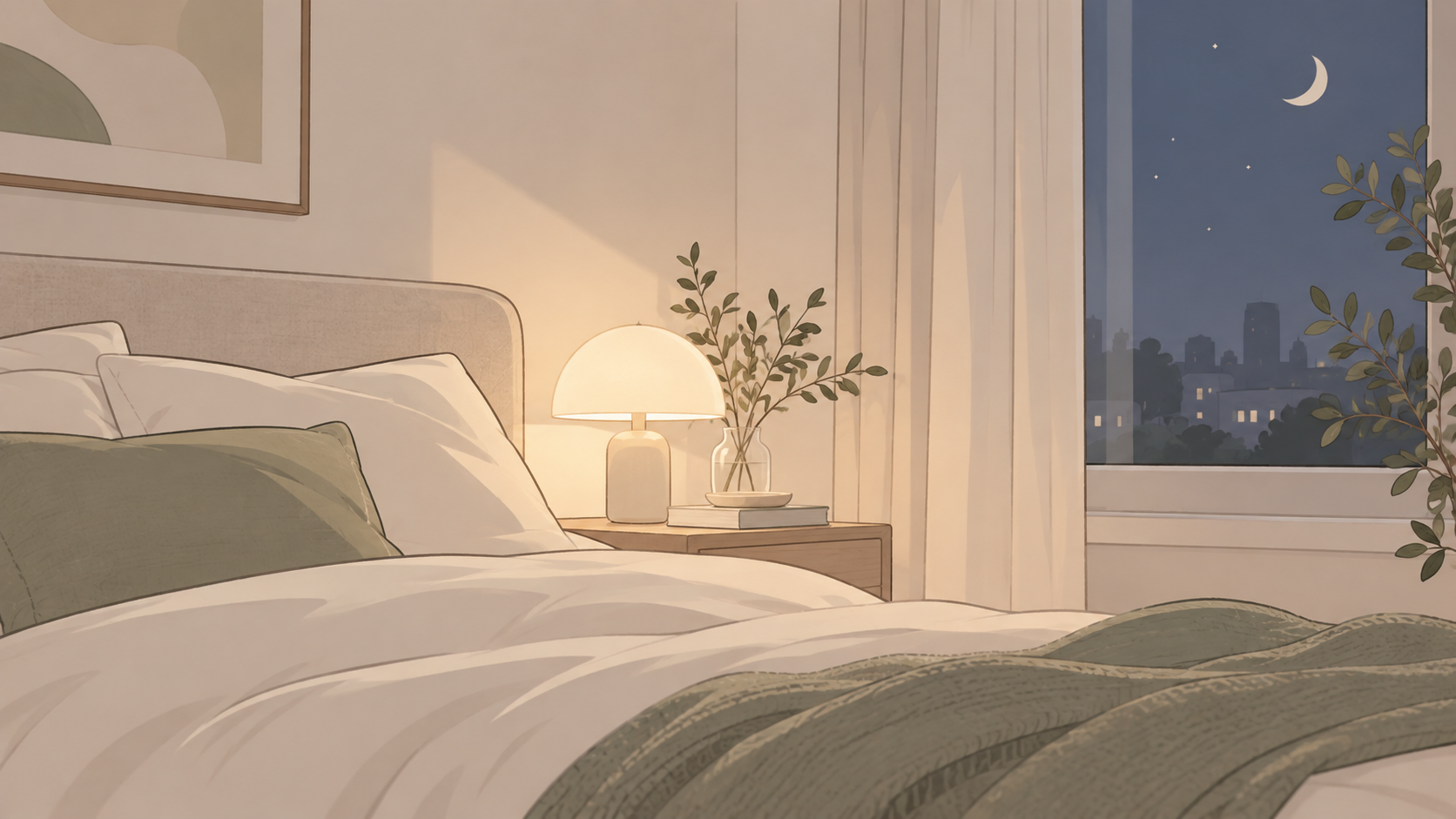 Illustration of a softly lit bedroom at night
