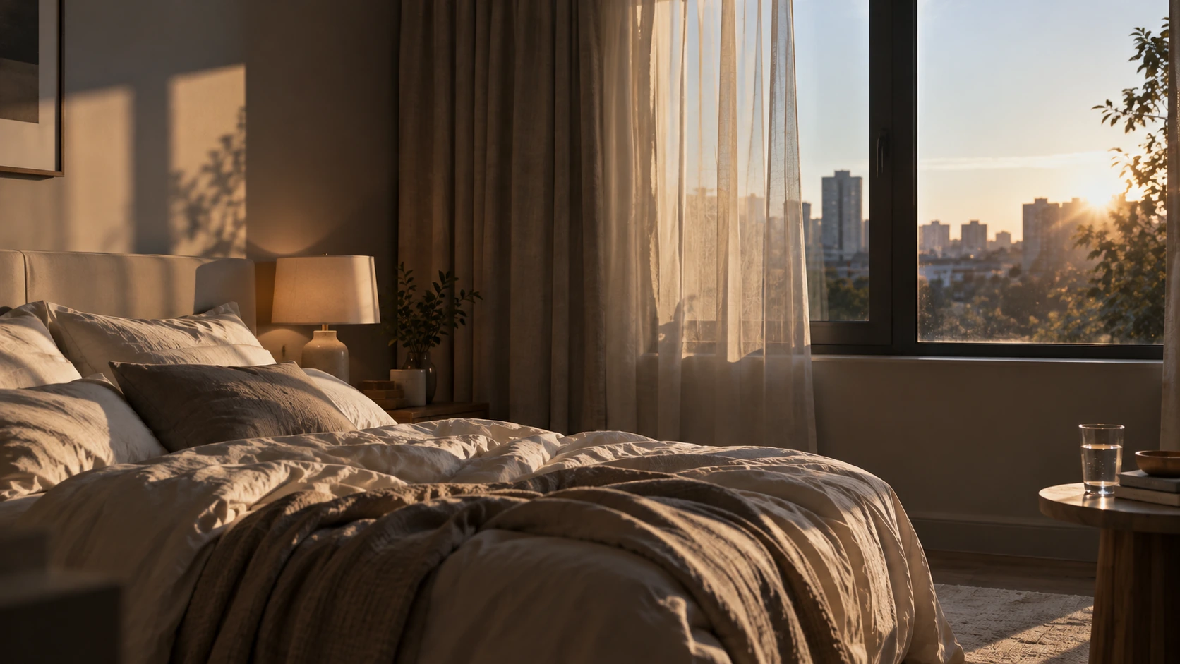 Morning sunlight entering a bedroom through sheer curtains.