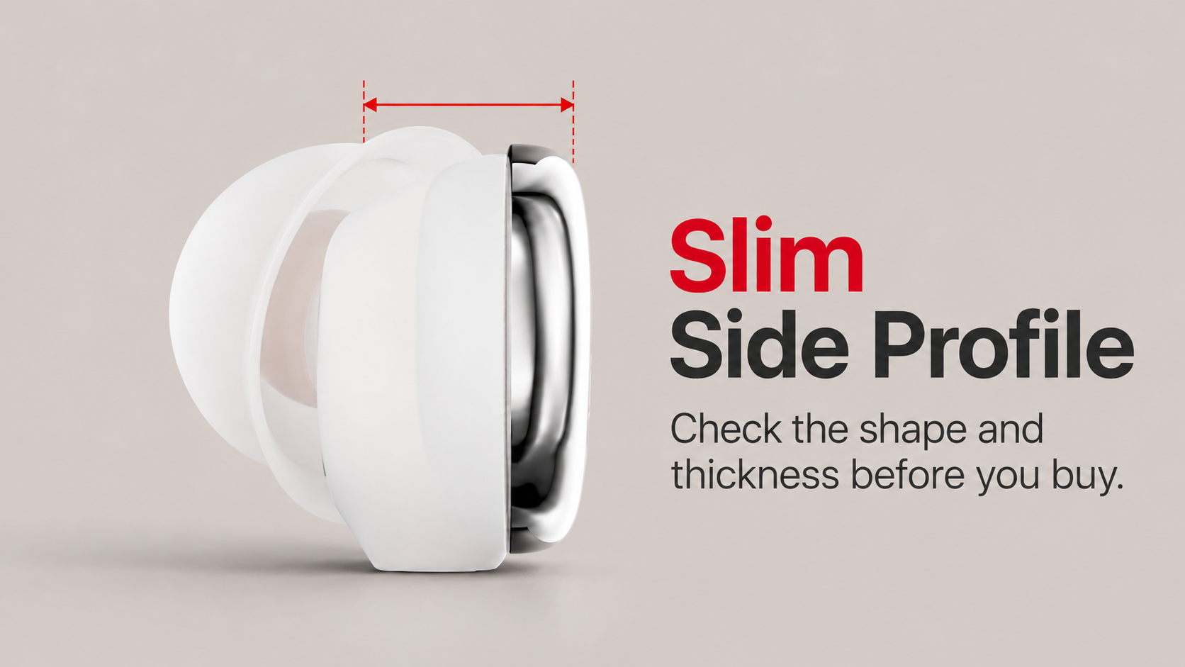 Side-profile illustration of a DUVA earbud with a guide to checking its shape and thickness