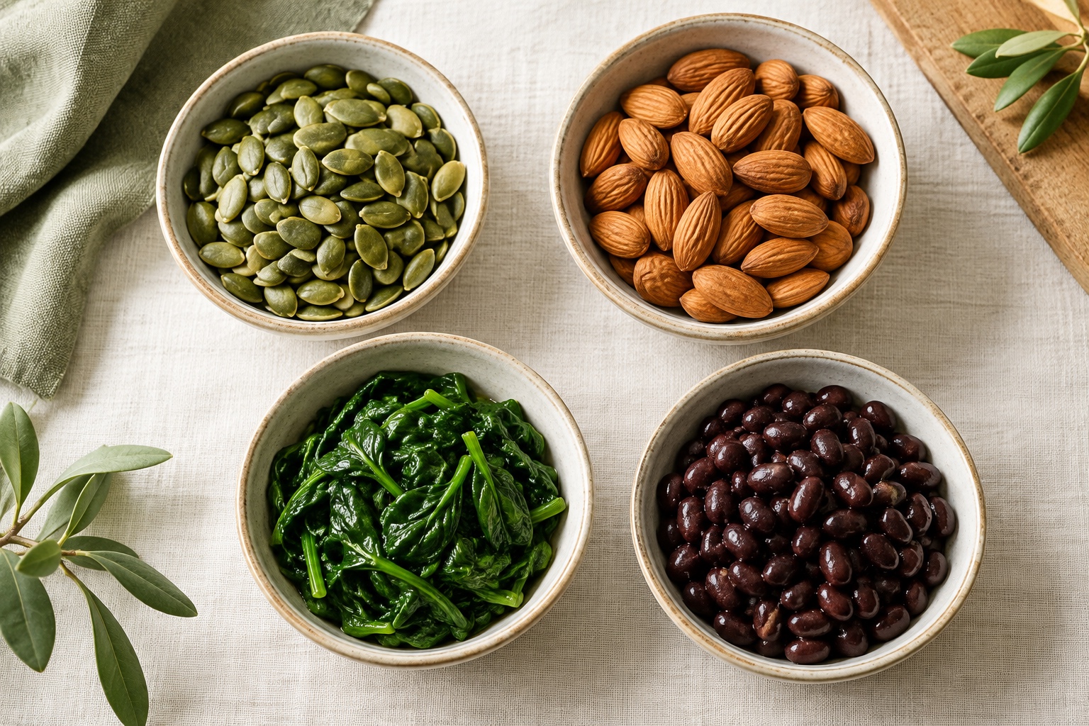 Pumpkin seeds, almonds, cooked spinach, and cooked black beans in separate bowls