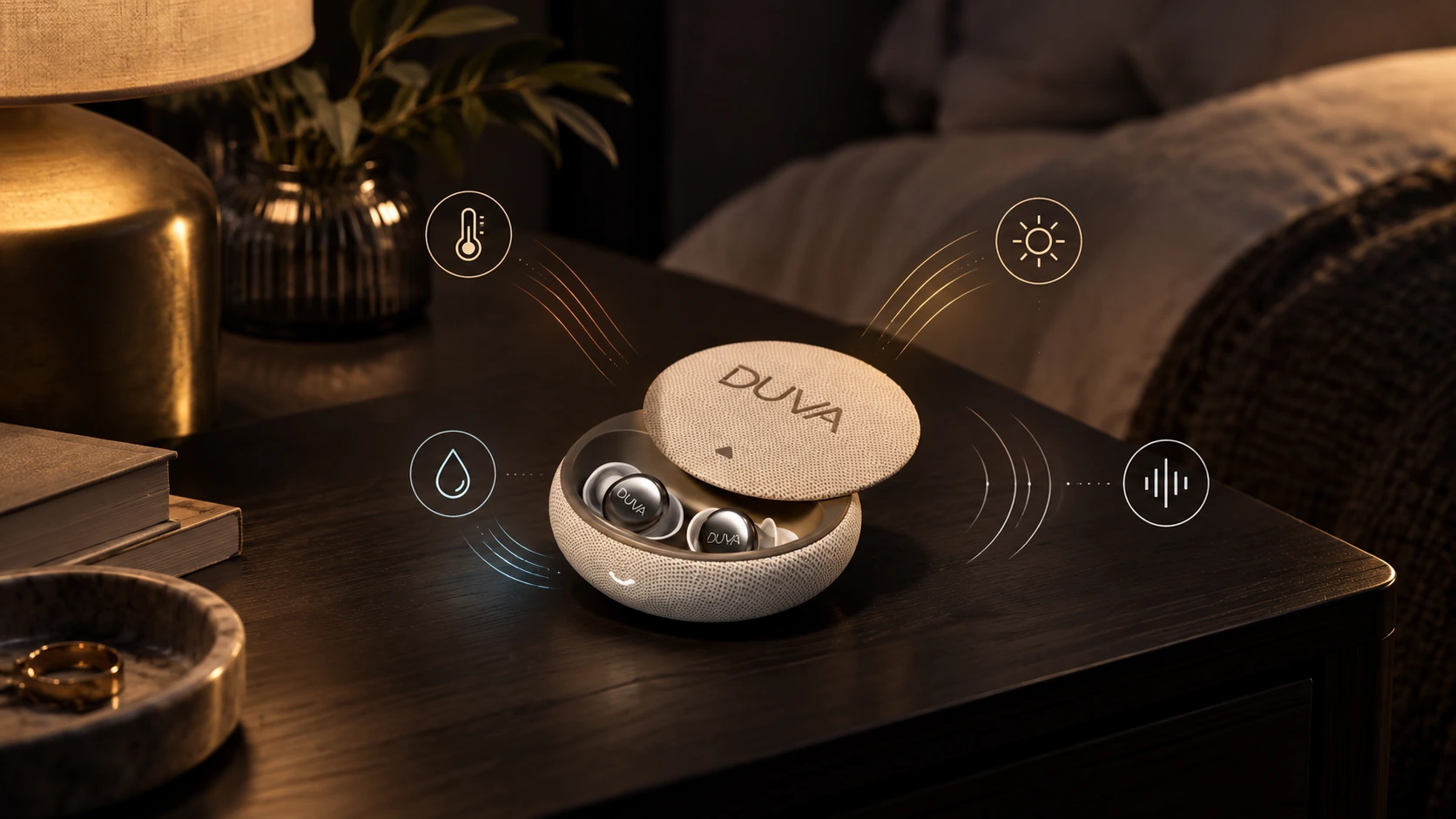 DUVA-branded earbuds and charging case with temperature, humidity, light, and sound icons.