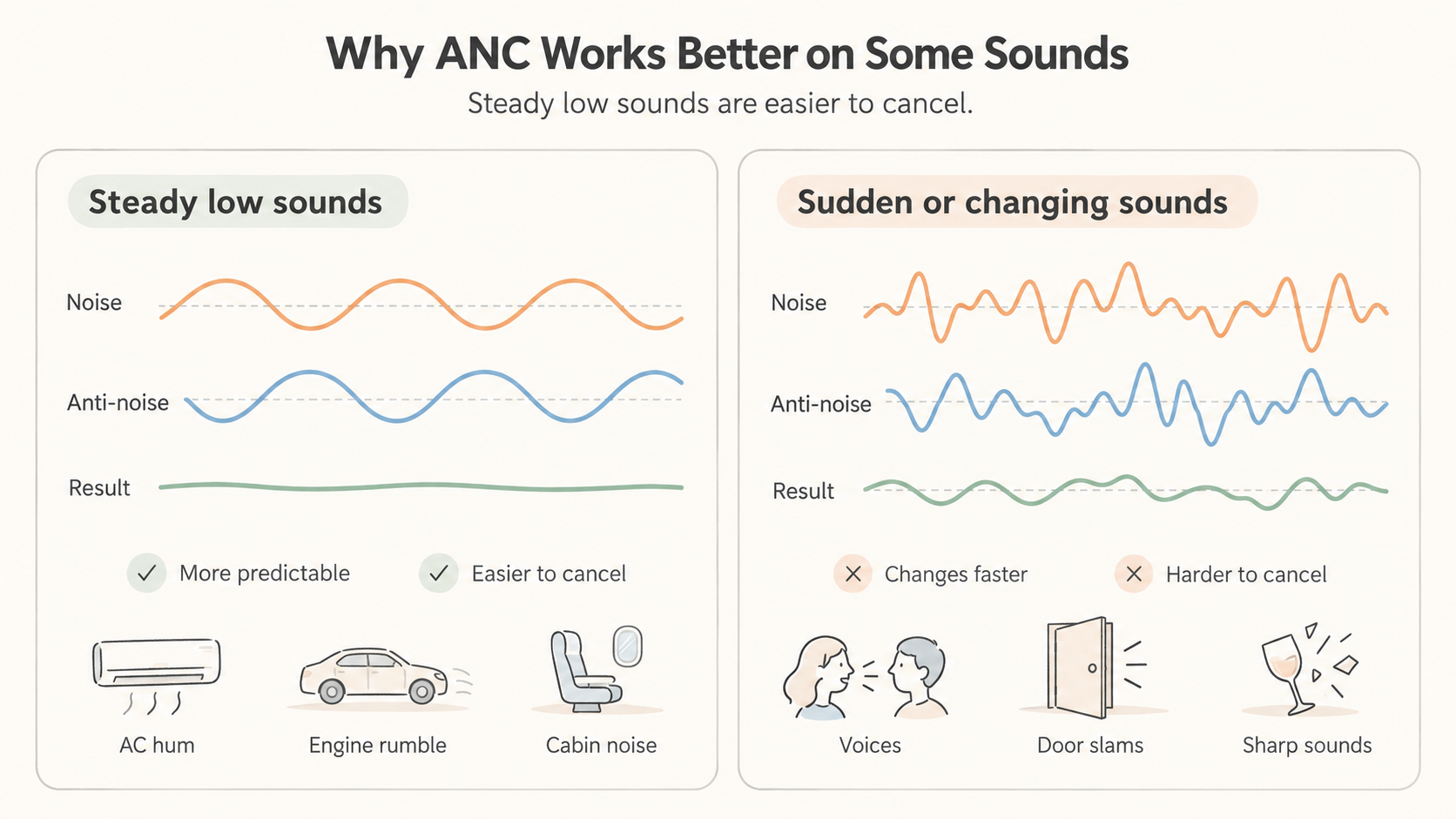 Comparison of ANC on steady low sounds and sudden or changing sounds.