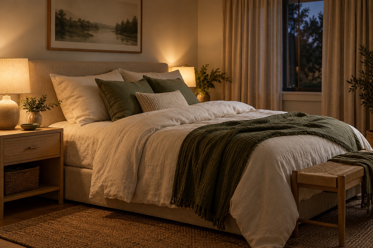A quiet bedroom with dim lighting, linen bedding, and a simple bedside table